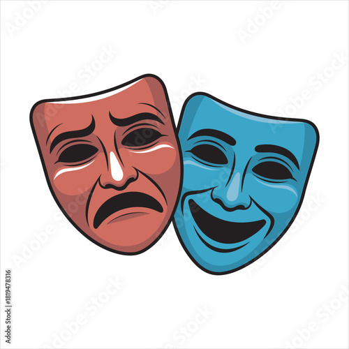 Red sorrow and blue joy theatrical masks express dual emotions clearly