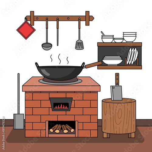 Rustic outdoor kitchen scene featuring a wood-fired stove and utensils