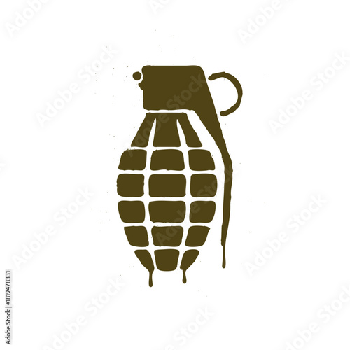 Stylized olive green grenade with dripping paint effect isolated