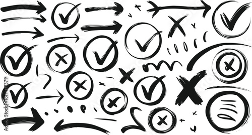 Hand Drawn Brush Stroke Symbols and Arrows Collection. Grunge Check Marks, Cross Signs, Circles, Scribbles, and Sketchy Arrows Vector Set for Highlighting, Marking, Navigation, UI Elements