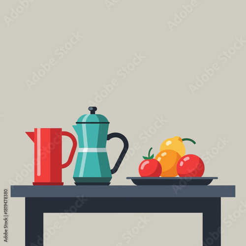 Stylish flat vector illustration of kitchenware on a dark table surface