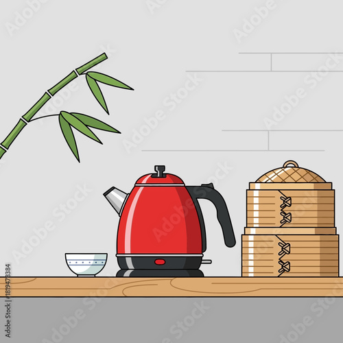 Stylized Asian culinary setup with electric kettle, dim sum steamer