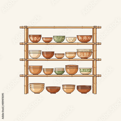 Stylized Bamboo Shelf with Earth-Toned Bowls, Decorative Kitchenware