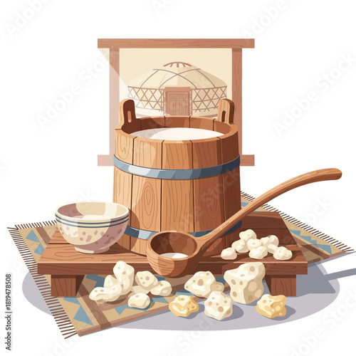 Traditional Kazakh dairy product Kurt with fresh milk in wooden pail