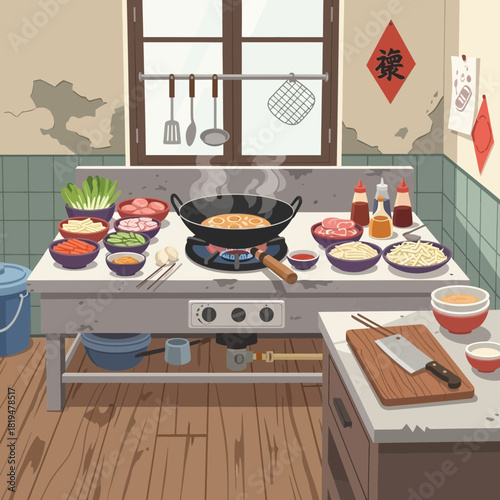 Vibrant and detailed vector illustration showcasing the art of Asian cooking