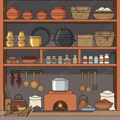 Vintage kitchen scene with wooden shelves, earthen pots and traditional utensils