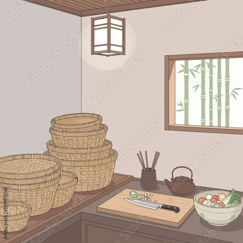 Zen kitchen scene: Baskets, bamboo, and culinary harmony for food preparation