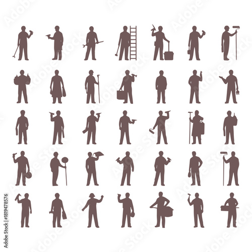 Collection of silhouette workers in various professions and tasks isolated vector