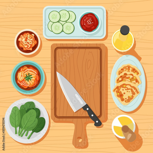 Preparing delicious korean culinary: food preparation with kimchi and pancakes