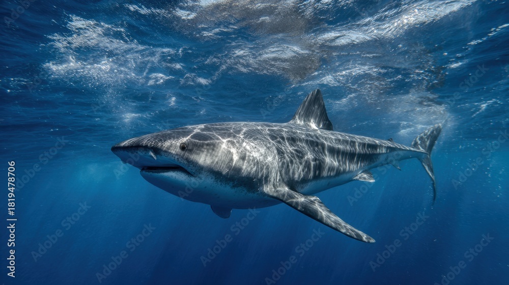 Naklejka premium Tiger shark swims gracefully beneath the sunlit waves showcasing its beauty in the ocean.