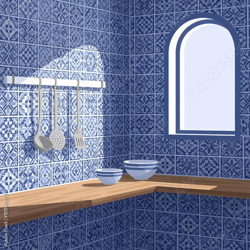 Charming blue tile kitchen illustration with arched window and wooden counter