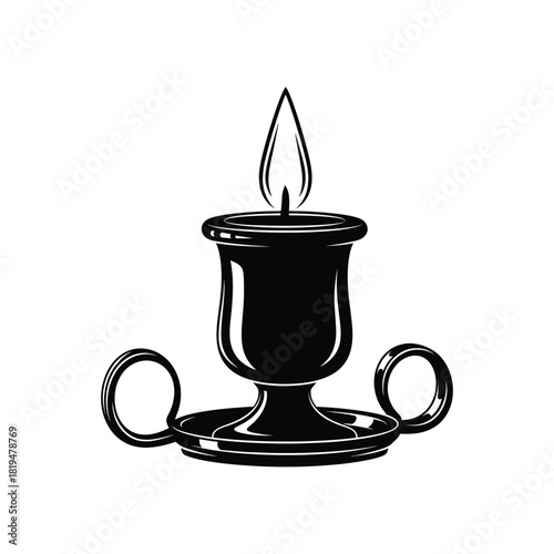 Metal candle cup with a glass flame tip illustrated as a minimal black and white silhouette vector for decorative design