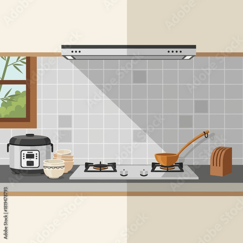 Cozy and Clean Kitchen Interior Scene with Asian Style Rice Cooker