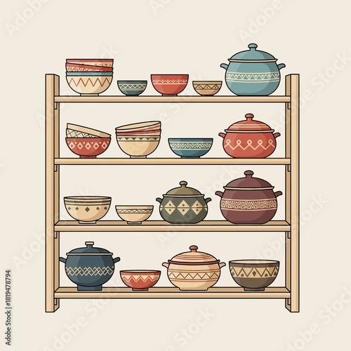 Colorful Handcrafted Pottery on Rustic Wooden Shelves Creates Warm Aesthetic