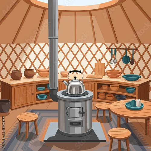 Cozy interior design illustration of a traditional yurt with warm ambience