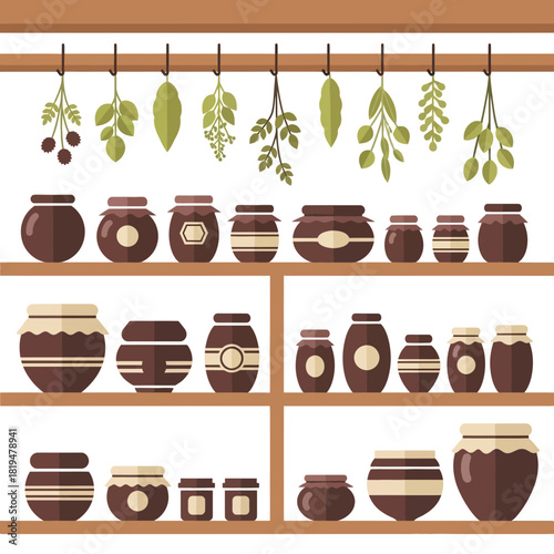 Handcrafted Preserves and Dried Herbs on Rustic Shelves Displaying Jarred Goodness