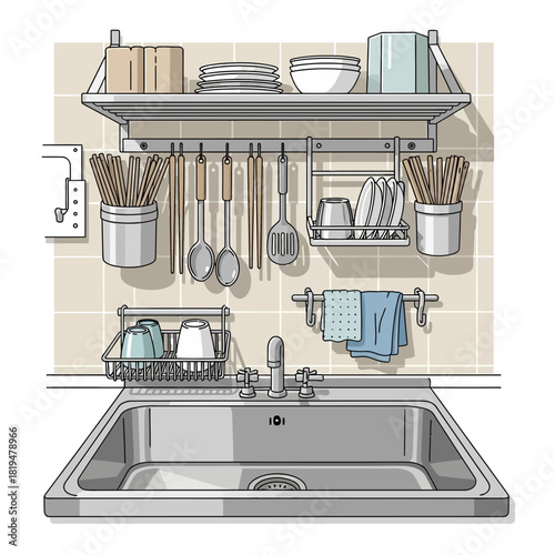 Illustration of a neatly organized kitchen sink area with utensils and dishes