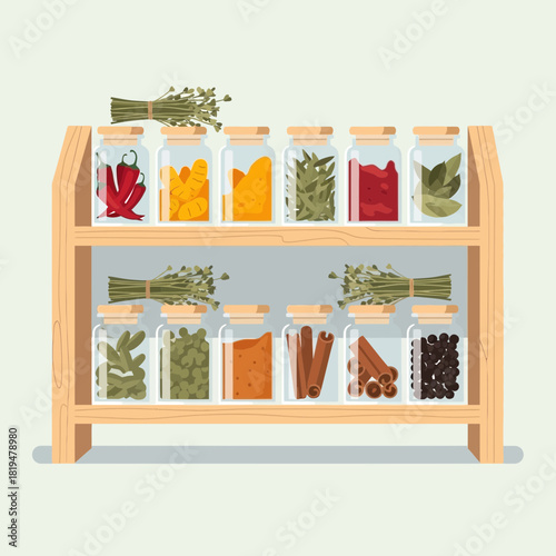Illustration of a Wooden Spice Rack Filled with Various Herbs and Spices