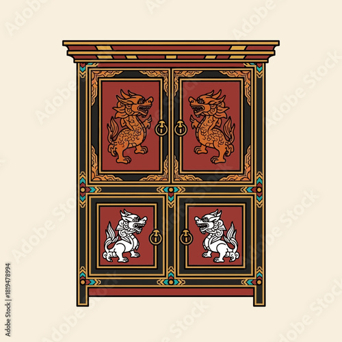 Intricate Cabinet with Mythical Creatures Depictions and Asian Decoration