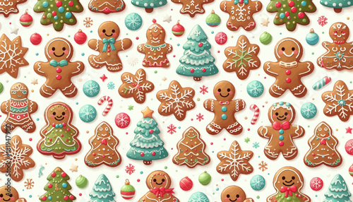 Flat design gingerbread motif in pastel and vibrant shades representing a cute children's winter holiday theme