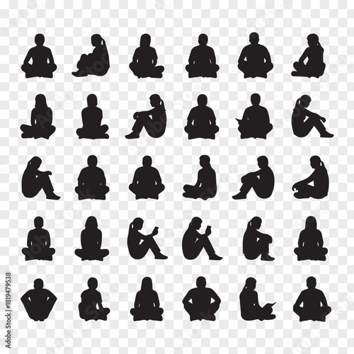 Diverse Group of People Sitting Silhouettes Meditating or Relaxing Together