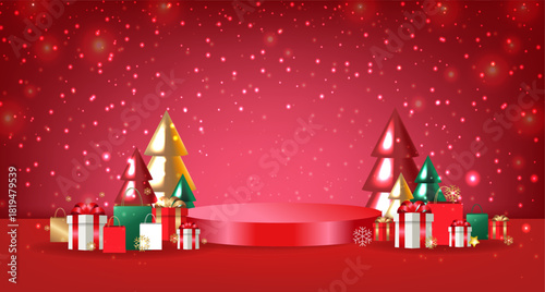 Xmas Poster Podium And Fir Tree And Gift Box