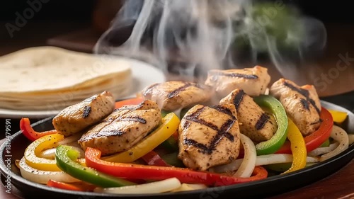 Sizzling Chicken Fajitas with Colorful Bell Peppers and Tortillas.