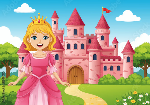Charming cartoon princess character in a pink gown with a majestic fairytale castle in the background vector design