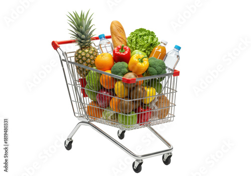 Gleaming chrome cart, red handles, full of fresh produce, bread, beverages, on stark white background with copy space, healthy eating concept