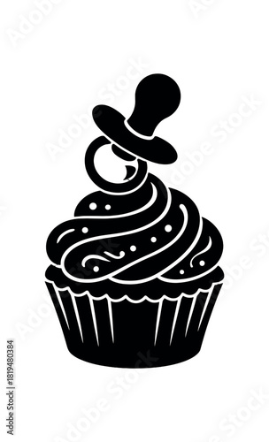 Cupcake with pacifier topper black silhouette with swirl and decor lines sweet shower treat visual