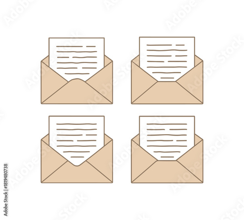 four beige envelopes with handwritten letters open envelopes visible paper sheets simple flat vector illustration minimal modern design