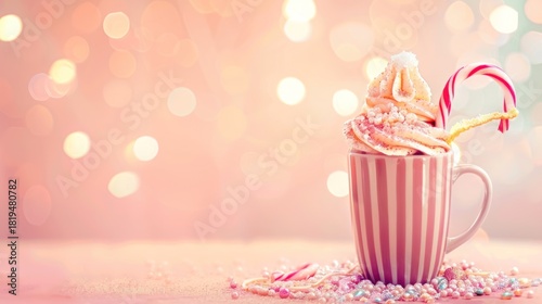 Pink Mug with Whipped Cream Candy Cane and Sprinkles on Pink Background