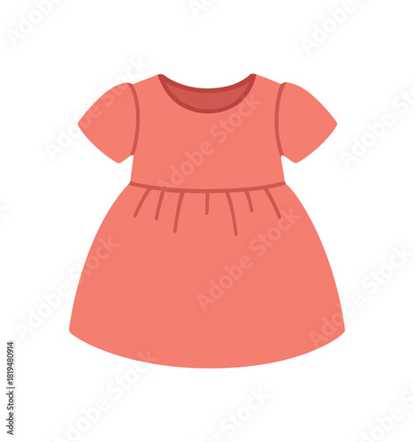 Flat vector illustration of children dress with short sleeves and waist seam rounded silhouette minimal detail