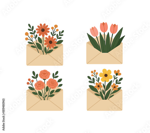 four envelopes with flower delivery cards beige paper bouquet motifs flat vector illustration modern clean design