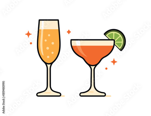 2 festive drinks champagne glass cocktail flat vector illustration clean modern design