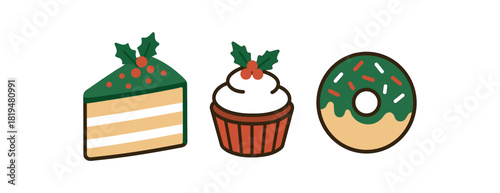 holiday desserts cake slice cupcake donut flat vector illustration minimal modern style