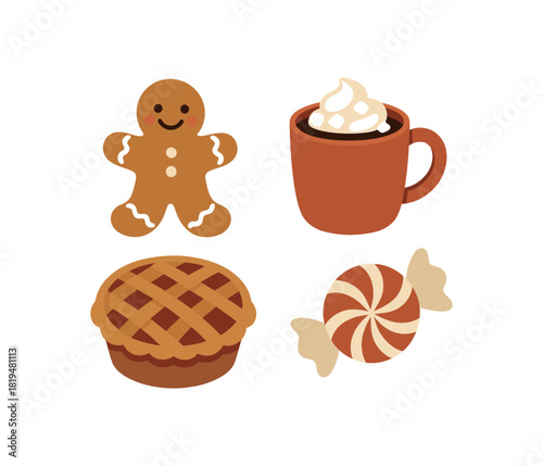 4 winter dessert items gingerbread cookie cocoa mug pie candy flat vector illustration clean cozy style