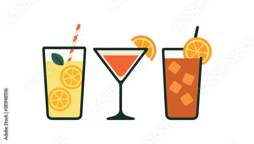 refreshing drinks lemonade cocktail glass iced tea flat vector illustration minimal modern design