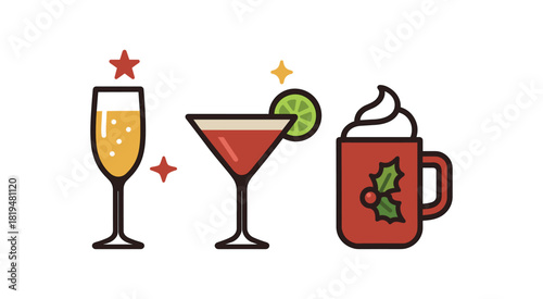 holiday drink icons champagne cocktail glass mug flat vector illustration clean festive style
