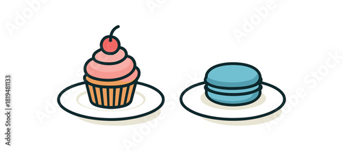 2 dessert plates cupcake macaron flat vector illustration clean minimal design