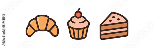 sweet bakery icons croissant cupcake cake slice flat vector illustration clean modern design