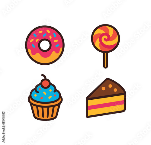 4 festive dessert icons donut lollipop cupcake cake slice flat vector illustration bright cheerful design