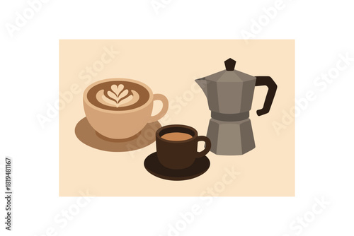 cozy coffee drinks cappuccino cup espresso mug coffee pot flat vector illustration minimal modern style
