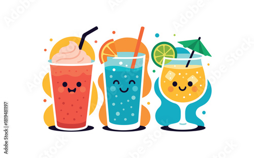 cheerful drinks smoothie soda cocktail flat vector illustration bright modern design