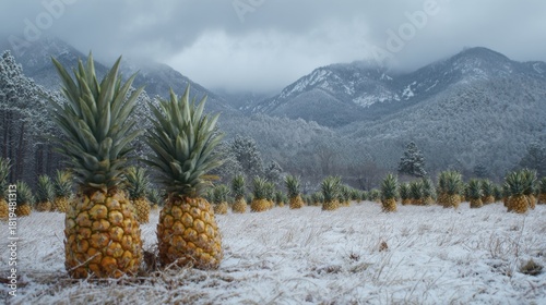 Pineapples stand tall in a snowy field contrasting against the mountains and overcast sky.