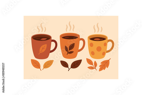 cozy cups with tea and leaves warm colors flat vector illustration minimal modern design