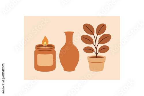 cozy home decor items candle vase plant flat vector illustration warm tones clean modern design