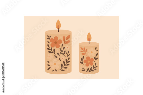 2 candles with floral motifs soft warm tones flat vector illustration minimal modern design