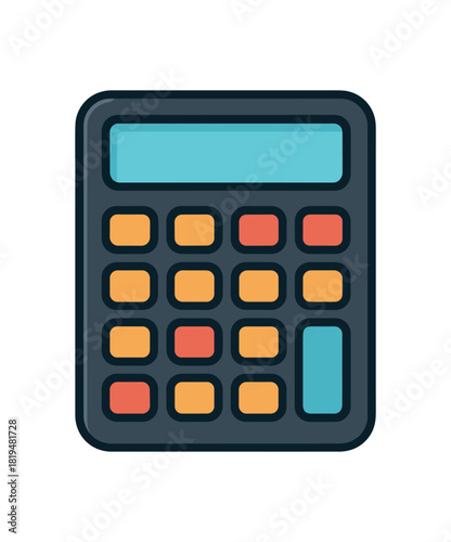 Flat vector illustration of bold calculator with colorful buttons rounded shapes clean vector style