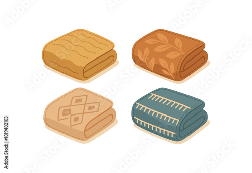Flat vector illustration 4 decorative blankets folded with stitched edges rounded forms cozy home style